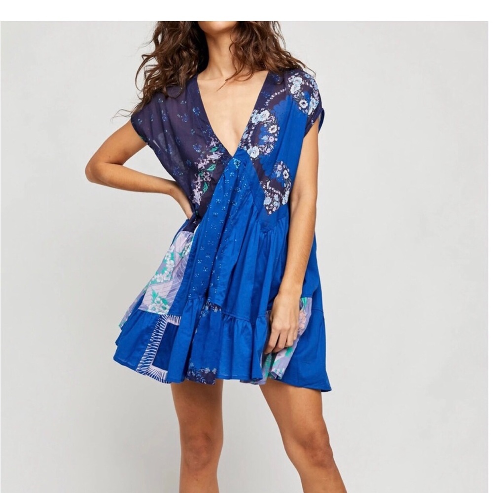 Free People Navy Floral Patchwork Mini Dress XS Like New